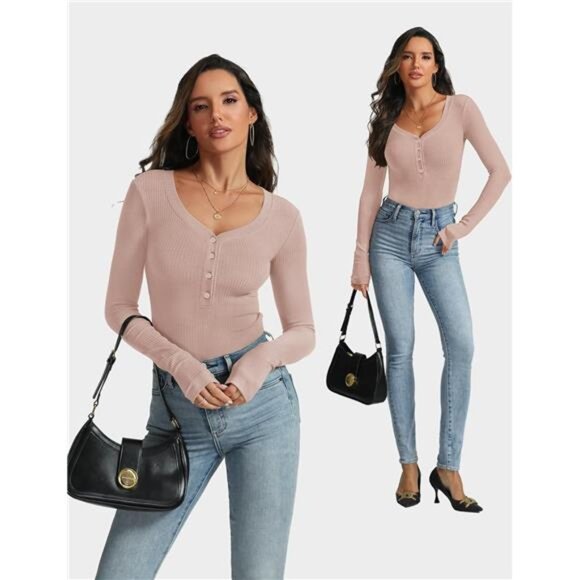 Long Sleeve V-Neck  Shirt - Slim Fit Ribbed Knit Button Top - Picture 5 of 7